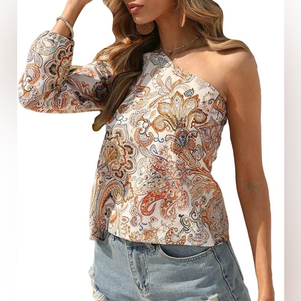 SHEIN Paisley Of the Shoulder Blouse Med Summer Tops,Date Night,Lightweight,Sexy - Picture 3 of 7